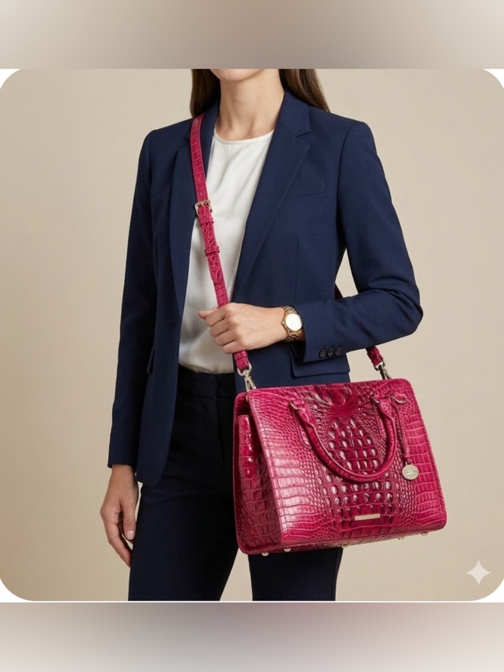 Brahmin Fuchsia Croc-Embossed Satchel with Strap